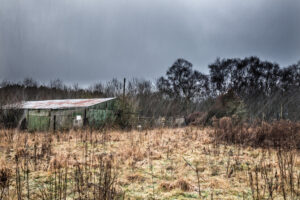 Abandoned Farm Building in Driving Snow, Lindow Common, Cheshire, UK